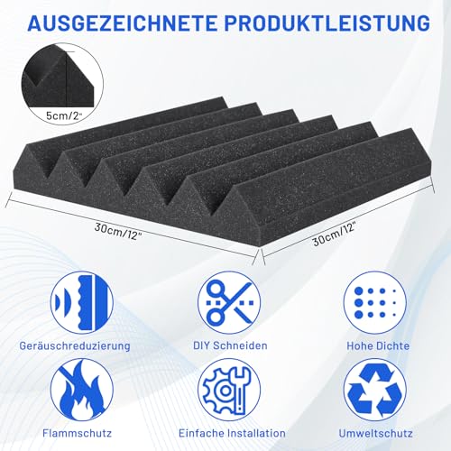 Pack of 50 Acoustic Foam Sound Insulation, 5 x 30 x 30 cm (2 x 12 x 12 inches), Sound Insulation Panels, Acoustic Foam Panels, Sound Absorber, Acoustic Foam, High Density Sound Absorber Wall