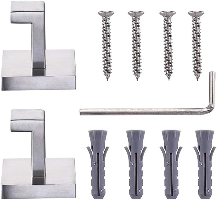 TASTOS Bath Towel Hooks Brushed Nickel, 2 Pack Stainless Steel Robe Coat and Clothes Hook, Heavy Duty Wall Hook for Bathroom & Kitchen, Modern Square Style Wall Mounted (Silver) - - 