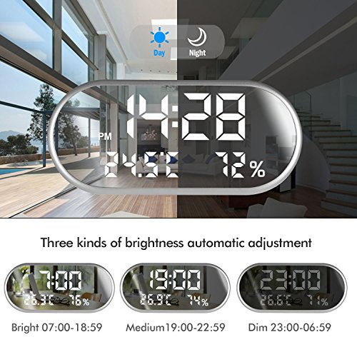 Digital Alarm Clock, Portable Mirror HD LED Display with Time/Humidity/Temperature/Display Function, 3 Brightness Adjustment, Dual USB Port Charging, Suitable for Bedroom, Office, Travel