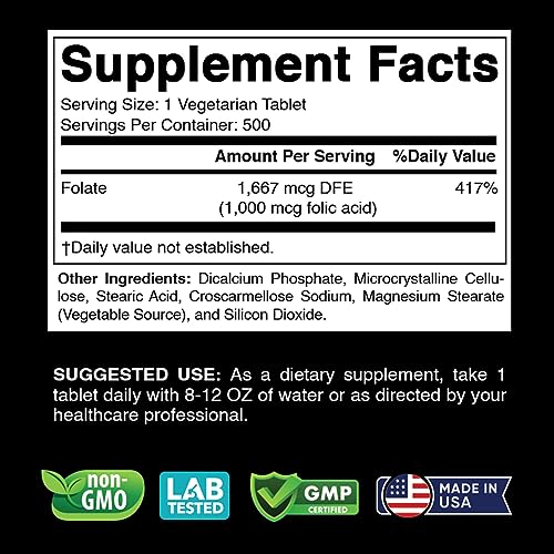 Vitabod Folic Acid 1 mg (1000 mcg) (Vitamin B9) - 500 Vegetarian Tablets - an Essential Prenatal and Postnatal Vitamin