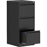 LONGLINK 3 Drawer File Cabinet with Lock,Filing Cabinets for Home Office,Metal Small File Cabinet for Letters/Legal/A4 Size, Assembly Required,Black 3 Drawer-15 W