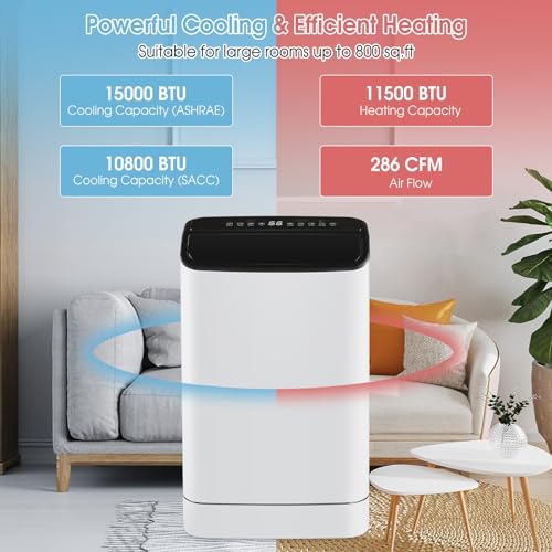 KOTEK Portable Air Conditioner with Heat, up to 800 Sq.Ft, 15000 BTU 4-in-1 AC Unit for Bedroom with Auto Swing, APP/Remote Control, Window Kit, Sleep Mode & 24H Timer for Home & Office