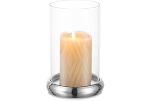 Sziqiqi Hurricane Candle Holder Decor - Silver Clear Glass Pillar Candle Holder Cylinder Lantern with Metal Tray for Mantel Fireplace Dining Table Decorative Table Centerpieces for Christmas Wedding