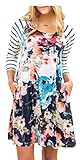 ETCYY Women's 3/4 Sleeve Floral Casual Striped T-shirt Swing Dress With Pockets