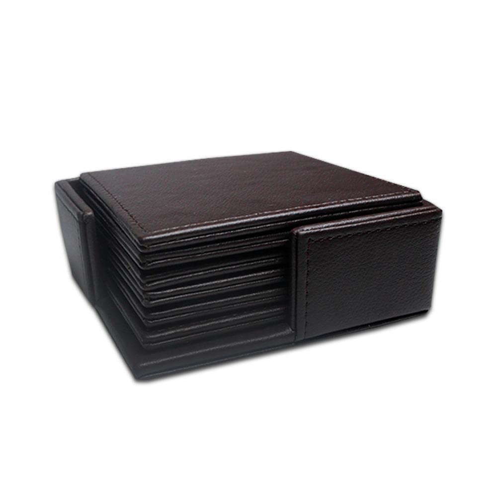 Square Tea Coasters pack of 6 with holder for bar, home, office, Genuine/Real Leather, Non-Slip, Heat Resistant Coasters, bar coasters, Drink coasters. (Brown)