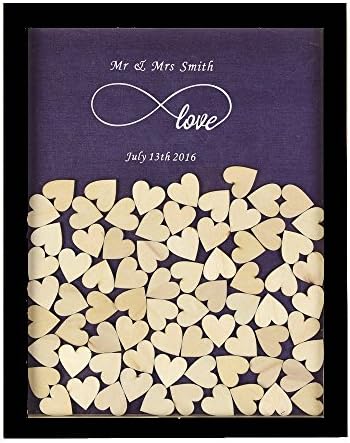 Personalized Alternative Book Engraved Infinity Love Rustic Drop Top Wooden Frame Wedding Guest Book With 120 Small Wood Hearts (Black &amp; Pearl Purple).