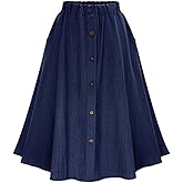 CHARTOU Womens Stretchy High Waist 5-Buttons Front A-Line Flowy Midi Skirts