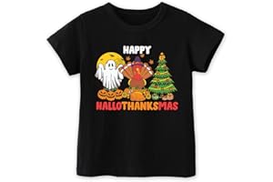 quaintee Happy Hallothanksmas Toddler Thanksgiving Shirt, Christmas Shirt for Boys Girls Kids, Fun Festive Tee, 2-6T