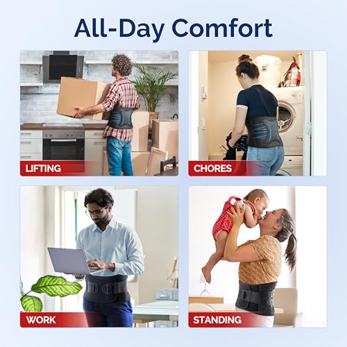 FEATOL Lower Back Brace with 5 Reinforced Stays for Women and Men, Adjustable Snug-Fit Lumbar Support Belt for Work, Size L, Waist 34.3-38inches