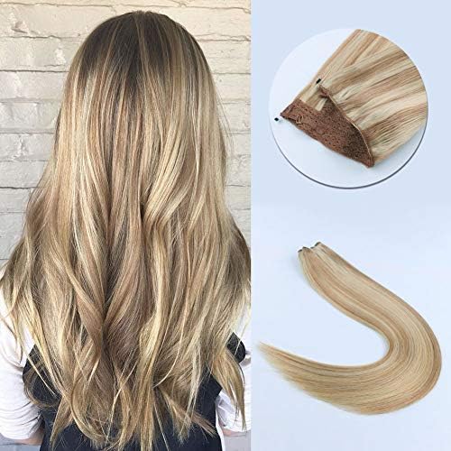 Sixstarhair Halo Extensions Human Hair Highlighted Light Golden Brown and Ash Blonde Hair Extensions 120g Premium Hair Extensions [20inch P12-60]