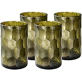 IWAS Upcycled Large Honeycomb Textured Drinking Glasses, Tall 13.53 OZ / 400 ML, Set of 4 Olive Green Glasses, Handcrafted Sustainable Glassware