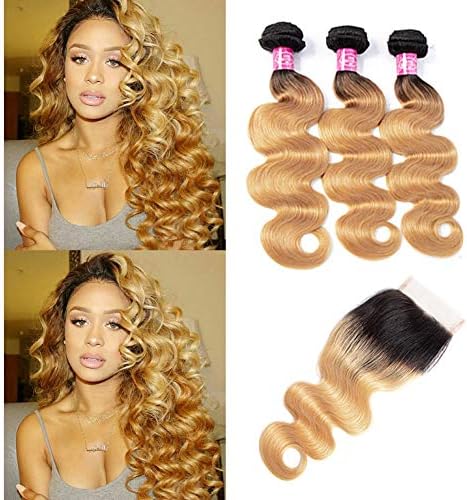 Brazilian Virgin Hair Ombre 1B/27 Body Wave Bundles With Closure Free Part 2 Tone Blonde Ombre 3 Bundles With 4x4 Lace Closure Alina Hair (12 14 16+10inch closure, T1B/27-Body Wave)