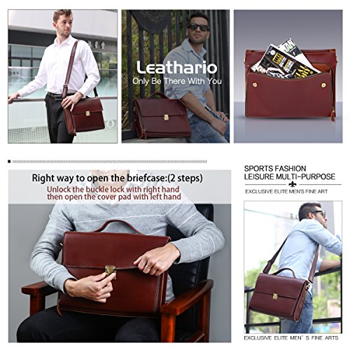 Leathario Leather Briefcase for Men Leather Laptop Bag Shoulder Messenger Bag Business Work Bag (Brown-273) - Thumbnail 5