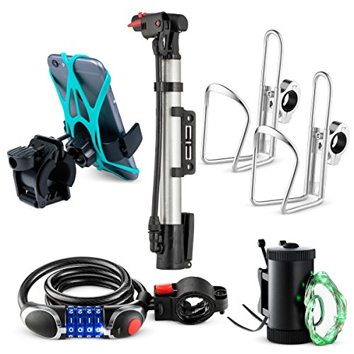 Bikes On Hikes 6 Piece Bike Accessory Kit Green – Includes Hand Bar Cup Holder(2), Led Wheel Light (1), LED Combination Lock(1), Phone Mount(1), Air Pump(1)- Perfect All in One Set for Bike/MTB Riding