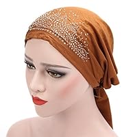 Powerfulline Fashion Lady Rhinestone Muslim Turban Hat Chemo Cap Hair Loss Hijab Cap Cover (Middle Coffee)