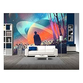 Man Standing Alone in Forest with Fictional Planets Background,Illustration - Removable Wall Mural | Self-Adhesive Large Wallpaper - 66x96 inches