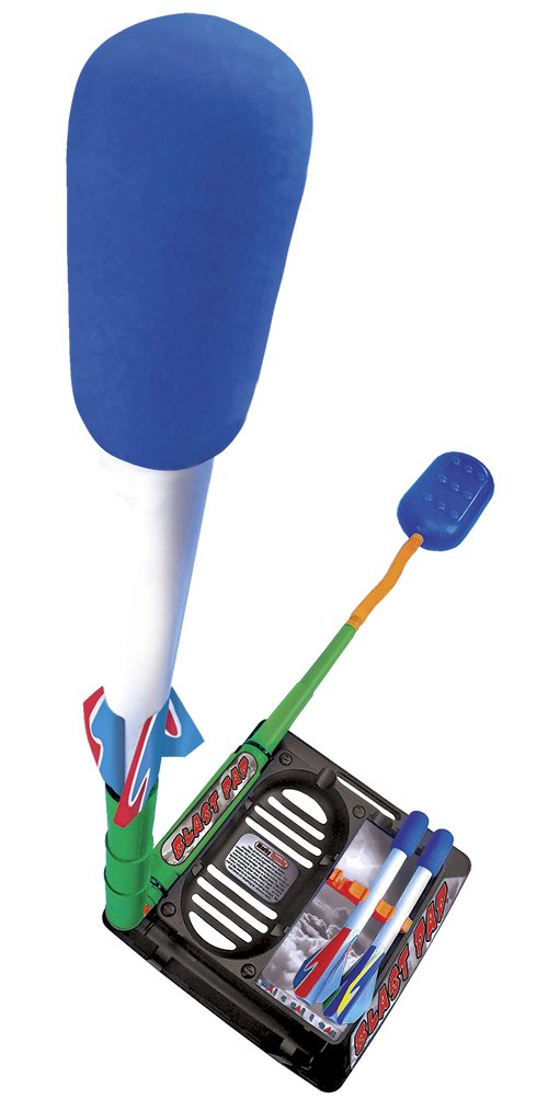 Image shows a white and blue blaster "missle" launcher for outdoor play. 