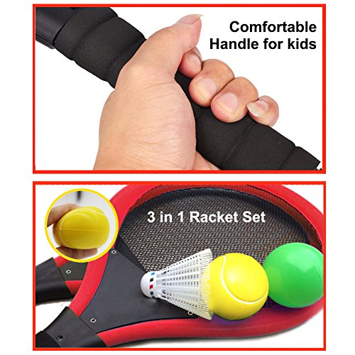 YIMORE-Raquetas-de-Tenis-Badminton-con-Bolas-Juguete-para-Ninos-3-en-1-Juego-de-Deporte-Playa-al-Aire-Libre-Rojo