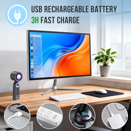 Mini Ventilatore Portatile con Raffreddamento, Ventilatore Ricaricabile con Display LED e Luce Notturna, Pieghevole. Perfetto per Scrivania, Ufficio, Camera da Letto, Cucina e Viaggi – Grigio Elegante