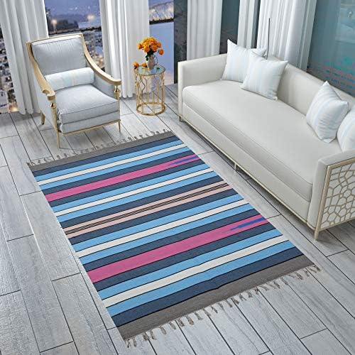 Raghav Pure Cotton Carpet SkyBlue Striped Large Dhurrie | Dari | Rug for Living Room Dining Room Bedroom Hall School Temple Beside Runner ( 4 Ft X 7 Ft ) Raghav Pure Cotton Carpet SkyBlue Striped Large Dhurrie | Dari | Rug for Living Room Dining Room Bedroom Hall School Temple Beside Runner ( 4 Ft X 7 Ft )