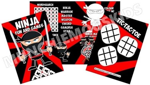 MunchieMoosKids Pack of 12 - Ninja Fun and Games Activity Sheets - Party Bag Fillers
