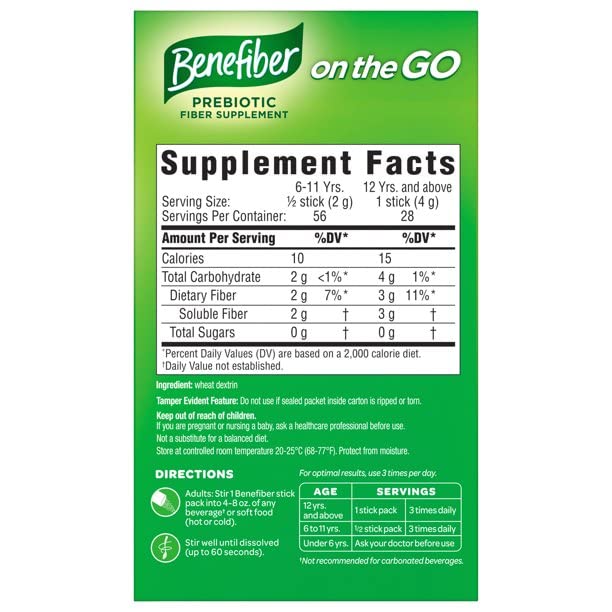 Benefiber On the Go Prebiotic Fiber Supplement Powder for Digestive Health, Daily Fiber, Unflavored - 28 Sticks (3.92 Ounces)