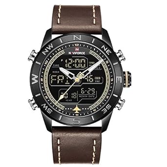 Genuine Leather Brown Chronograph Analog Digital Wristwatch for Men + Kids Sport Watch