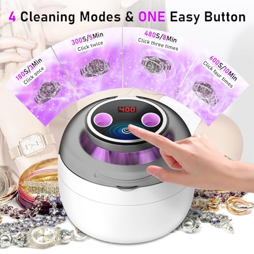 Ultrasonic Dental Cleaner | 45 kHz with 4 Programs and Digital Timer Display | 360° Silent Cleaning for Makeup Brushes, Glasses, Watches and Dentures