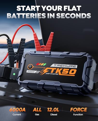 TREKURE 6000A Booster Pack, 26800mAh Jump Starter for Car Battery, All Gas/12L Diesel Portable Car Battery Power Pack, Safe Jumper Cables with Fast Charge & LED Light