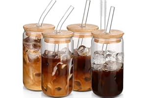 Glass Cups with Lids and Straws 4 pcs,16 oz Glass Cups for Coffee Bar Accessories-DWTS DANWEITESI Iced Coffee Cups with Lids,Drinking glasses Set,Coffee Cups Glass Tumbler with Straw and Lid for Gifts