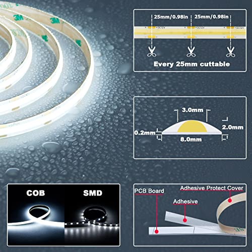 TOPAI COB LED Strip 12 V Cool White Outdoor Waterproof IP65, 5 m 6000 K LED Strip, Can Be Cutted, CRI>90, 480LEDs/M High Density, Width 8 mm for Kitchen, Cabinet, Home Decoration