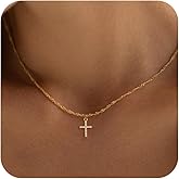 Feskive Cross Necklace for Women 14K Real Gold/Silver Plated Dainty Small CZ Cross Pendant Simple Choker Necklace Trendy Cute Sideways Cross Box Chain Necklace Easter Christian Baptism Religious Faith Jewelry Gift