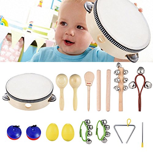 10pcs Musical Instruments Percussion Toy Rhythm Band Set Including Tambourine Maracas Triangle Castanets Wrist Bell for Kids Children Baby - Quarkscm