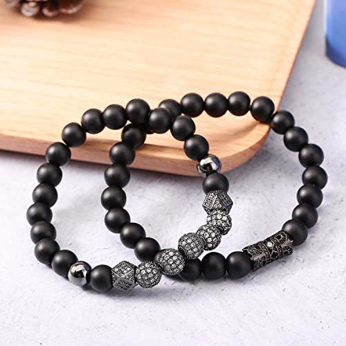 SEVENSTONE 2PCS Black Matte Onyx Prayer Beads Bracelet for Men Women Elastic Natural Stone Black 8MM