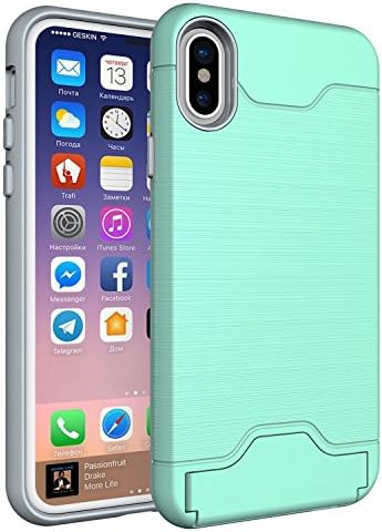 HKW iPhone X Case,iOhone 10 Case,[Kickstand] [Heavy Duty] [Hard PC + Soft TPU] Dual Layer Shock Protective Wallet Case for iPhone X/iPhone 10 - Mint Green/Grey (MA1973)