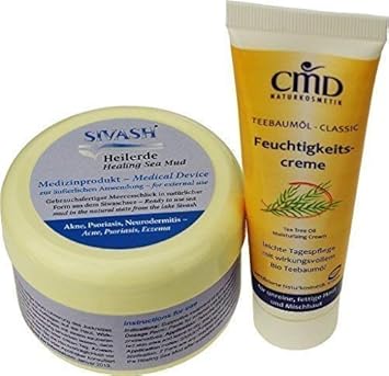 Naturset für Behandlung gegen Akne, Pickel, unreine, fettige Haut: SIVASH-Heilerde-Gesichtsmaske 250g + Teebaumöl Feuchtigkei