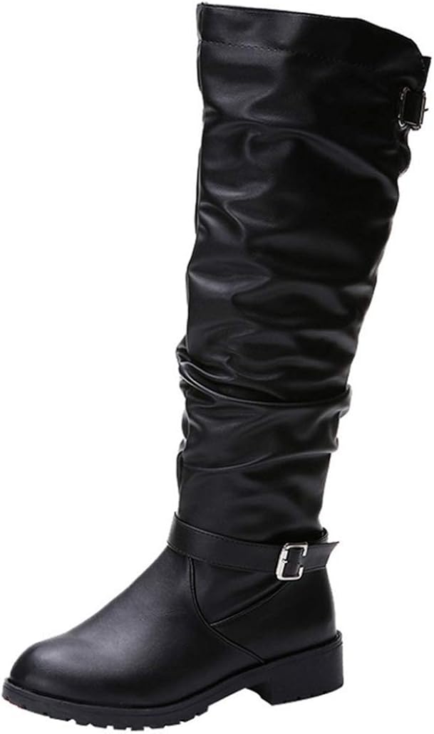 Women's Slouch Boots Low Heel Fashion Buckle Strap Retro Loose Pleated