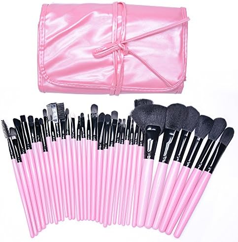 PPat 32 pcs Makeup Brush Set Professional Wood Handle Premium Synthetic Kabuki Foundation Blending Blush Concealer Eye Face Liquid Powder Cream Cosmetics Lip Brushes Kit (Pink Case Bag)