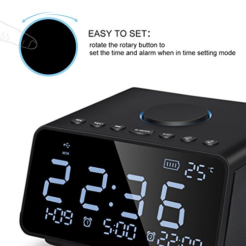 Digital Alarm Clock with Snooze and Battery Backup, FM Radio Dual USB Charging Bluetooth Speaker Aux Line-in for Bedrooms Kids Home Hotel Office (Black)