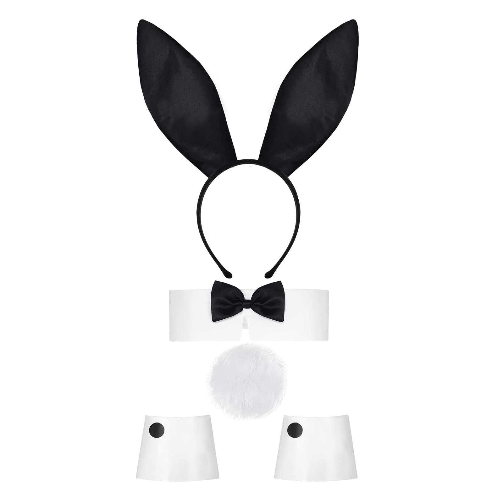 Pro-Noke Easter Bunny Costume Set Rabbit Ear Headband Bow Tie Cuffs Tail Cosplay Costume Accessories Set (Set of 4, Black)