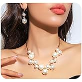 Mexegy Chunky Cluster Pearls Collarbone Necklace Earrings Set for Women,Dainty Geometric Pearl Statement Dangling Earrings,Trendy Party Banquet Jewelry