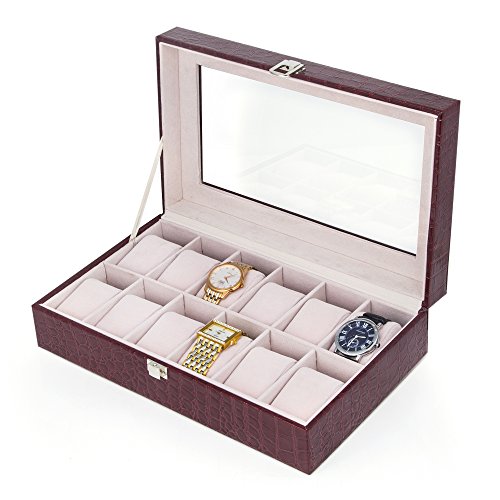 Kendal Watch Dislpay Box Organizer, Pu Leather with Glass Top Holds 12 Watches