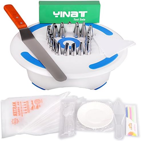 Yinat Cake Turntable Rotating Cake Stand Kit -12inch,Angled Icing Spatula-14inch,Russian Piping Tips Set-24pcs,Silicone Piping Bags-100pcs,Cake Snack Kits-1pack. Cake Edge Decorating Tool-2pcs (Blue)