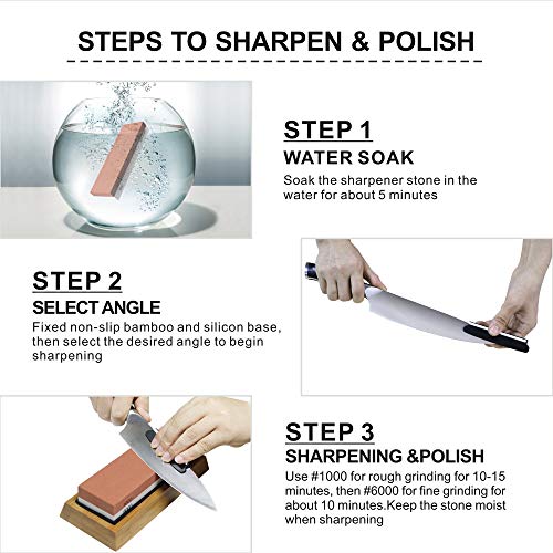 Whetstone Knife Sharpening Stone Set, Premium 2-Sided Whetstone Sharpener 1000/6000 Grit Whetstone Kit with Non-Slip Bamboo and Silicon Base Angle Guide for Chef Knife, Kitchen Knife, Hunting Knife