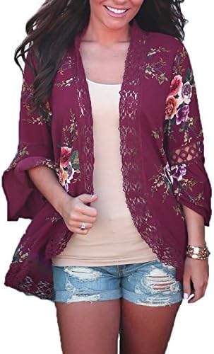 JUST SKY Womens Fashion Floral Print Open Front Kimono Cardigans 3/4 Bell Sleeves Tops Outwear