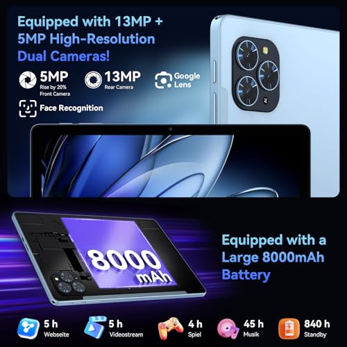 Tablet 2026 Android 16 Tablet with Gemini AI 3.1, 11 Inch FHD Display, 24GB RAM 128GB ROM/2TB TF, T7250 CPU + 13MP Camera, 8000mAh, Widevine L1, Tablet with Keyboard, Mouse, Blue, for Work and Study