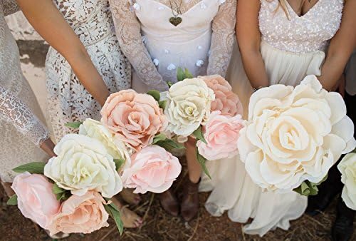 Large paper flower rose with green leaves. Bridal paper bouquet, bridesmaid's flowers. Crepe paper flower. Alice in Wonderland photo prop. Country boho bride