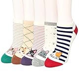 Fasker 5 Pairs Womens Cute Animal Ankle Socks, Cartoon Cotton Casual Crew Socks