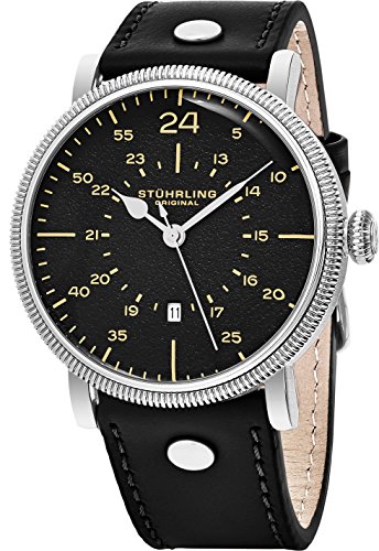 Stuhrling Original Mens Watch. Analog Quartz Military Wrist Watch. Genuine Calfskin Leather Strap, Black Dial, 24-hour watch. Aviator watches for men. 22mm watch band. A smart watch to wear.