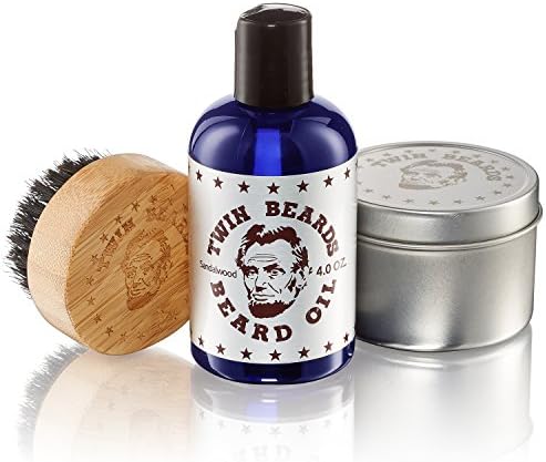Twin Beards Beard Care Set for Men | 100% Boar Bristle Beard Brush & Metal Tin | Vitamin E for Healthy Skin | Conditions for a Soft & Full Beard | Sandalwood & Jojoba Oil | 4 Oz U.S.A.